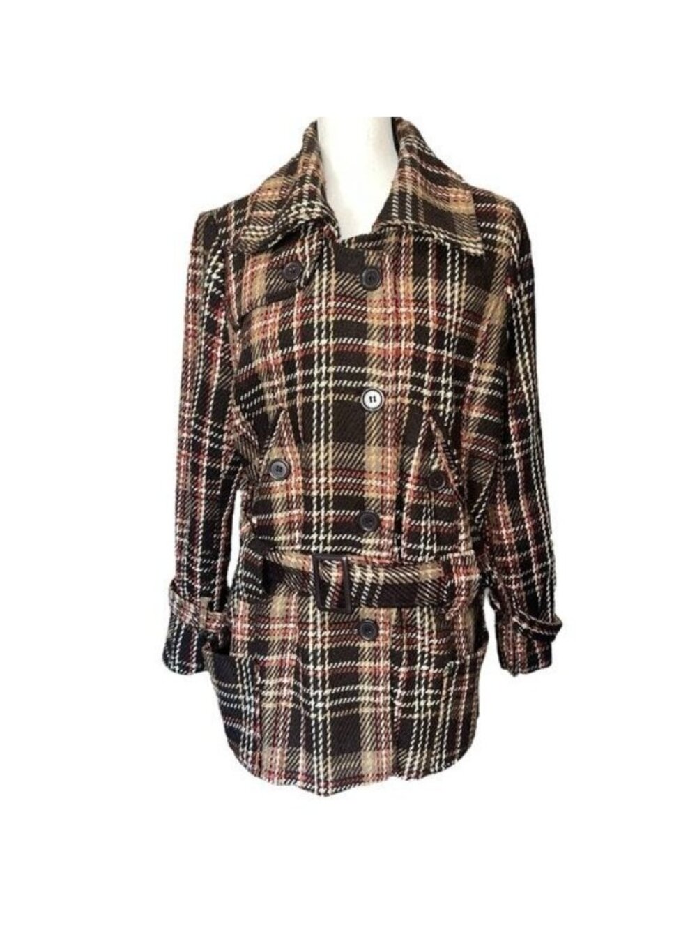 Apollo Plaid Peacoat Womens XL Brown Wool Blend Double-Breasted Belted Coat VTG